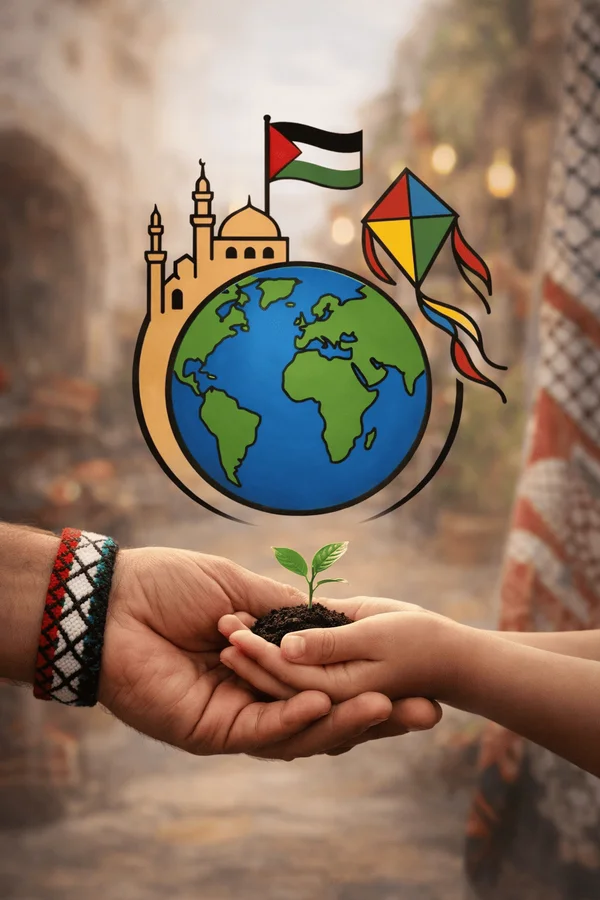 Two children holding hands walking through rubble in a resilient manner