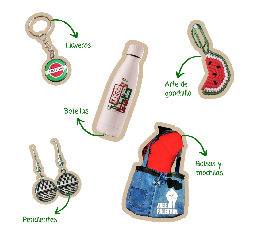 Selección de artesanías solidarias: llaveros, botellas, ganchillo, pendientes y bolsos
