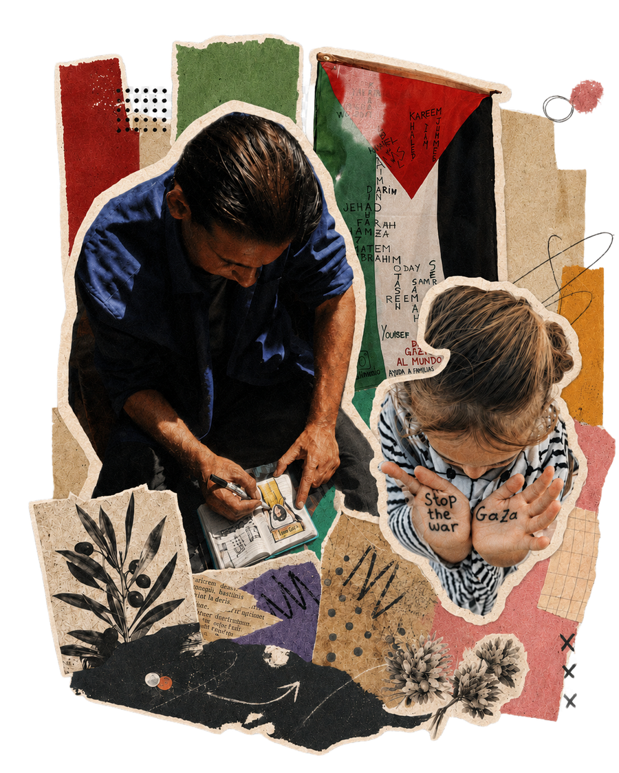 Collage solidario por Gaza donde se muestra una bandera palestina con los nombres de las familias apoyadas, una niña sosteniendo un cartel con el mensaje 'Stop the wat in Gaza' y un artista palestino pintando un retrato.